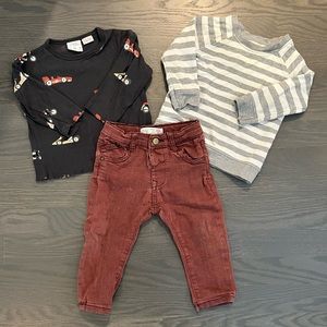 3 Pieces Baby Boy 6-9M (Striped Sweatshirt, Long Sleeve Car Shirt, Maroon Jeans)